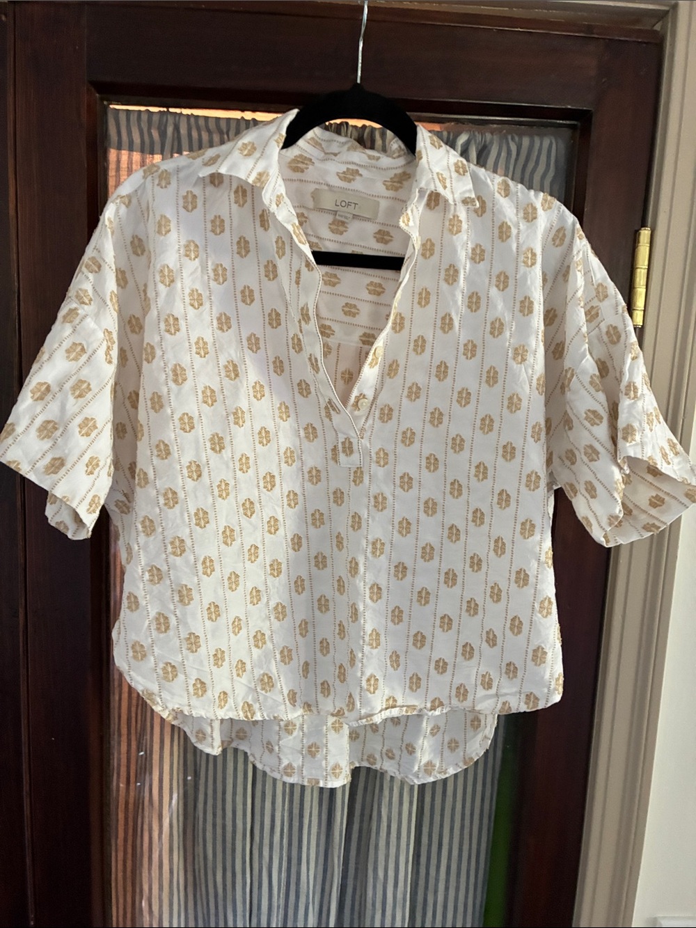 LOFT White Button-Down Blouse with Gold Print